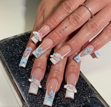 Blue Sanrio Nails, Cinnamon Roll Sanrio Nails, Cinnamon Roll Nails Sanrio, Cinnamon Roll Nails, Anime Nails, Red Acrylic Nails, Gel Nails Diy, Grunge Nails, Hello Kitty Nails