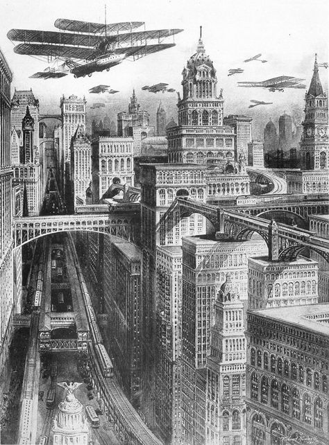 The future Manhattan, New York, envisioned by Richard Rummell circa 1910-1911. City Drawing, Fantasy City, Futuristic Art, Futuristic City, Future City, Retro Futuristic, Urban Living, American Cities, Futuristic Architecture