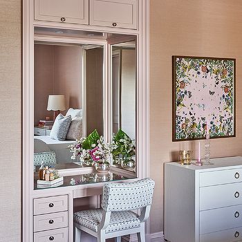 Makeup Vanity with Gold Tassel Mirror - Traditional - Closet Vanity As Nightstand, Blue Vanity Chair, Vanity Next To Bed, Vanity Inside Closet, Elegant Dressing Room, Pink Makeup Vanity, Grey Trellis Wallpaper, Tassel Mirror, Vanity Nook