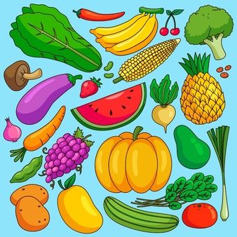 Conjunto de verduras, frutas y bayas en estilo de dibujos animados | Vector Premium Pose Manga, Vegetable Drawing, Poses Manga, Sketch Background, Different Fruits And Vegetables, Palm Branch, Fruits Drawing, Valentines Day Background, Different Fruits