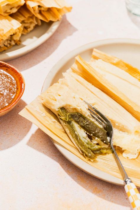 Tamales de Rajas Chile And Cheese Tamales, How To Reheat Tamales, Cheese Tamales, Easy Tamales, Oaxaca Cheese, Red Salsa, Recipes Authentic, Stuffed Poblano Peppers, Green Chile