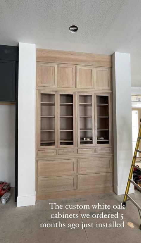 Built In Wood Cabinets, Two Tone Oak Kitchen Cabinets, Tall Built In Cabinets, High Ceiling Built Ins, Diy Floor To Ceiling Cabinets, Pantry Built In, White Oak Pantry, Built In Hutch Kitchen, Built In Kitchen Hutch