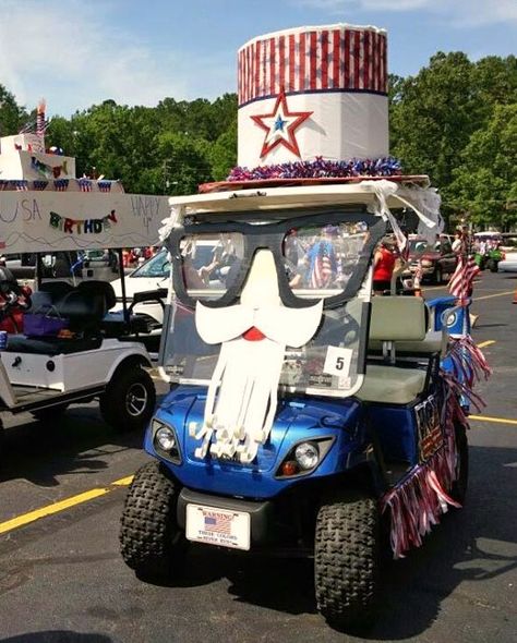 Golf Cart parade! We came in second for our decorations! I really thought we had #1 this year. Decorated Golf Carts 4th Of July, Golf Cart Decorations, Bike Parade, Boat Parade, 4th Of July Parade, Golf Event, Fourth Of July Decor, Golf 6, Parade Float