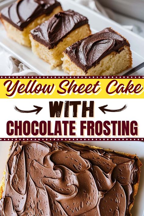 Yellow sheet cake with chocolate frosting is the ultimate comfort treat. Soft, buttery cake meets rich, velvety chocolate for a flavor combo that's simply irresistible! Homemade Yellow Cake And Chocolate Icing, Chocolate Frosting For Yellow Cake, Yellow Cake And Chocolate Frosting, Best Yellow Cake With Chocolate Frosting, Icing For Yellow Cake, Healthy Yellow Cake Recipe, Yellow Sheet Cake Recipe, Yellow Cake Chocolate Frosting, Yellow Sheet Cake