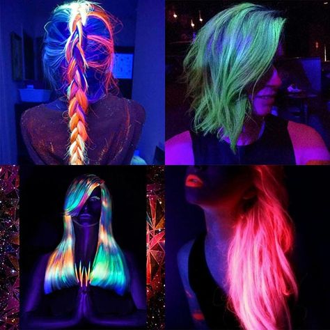 Black Light Hair Dye, Glow Party Hair Ideas, Uv Hair, Glow In The Dark Hair Color, Glow In The Dark Hair Extensions, Glow In The Dark Party Makeup, Glow In The Dark Hair Accessories, Neon Makeup Glow In The Dark, Neon Hair Color