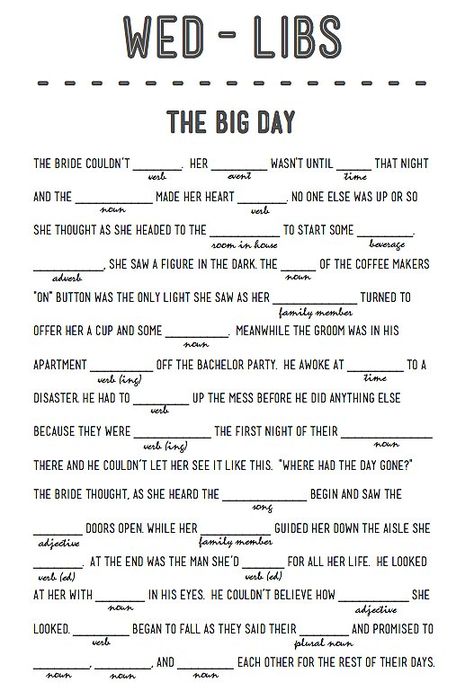 part of "to do" packets to be set on tables.  Mad libs cute for wedding showers, or in the kids activity books.  My feelings on mad libs:  Doesn't need to be long....  fill in maybe 10 words at the most.  Kids will lose interest in some long story.  For variety... each activity book could have a different wedding mad lib so they aren't all the same. Kitchen Tea Games, Kids Mad Libs, Wedding Games For Kids, Wedding Mad Libs, Wedding Planning Printables, Wedding Reception Activities, Reception Activities, Wedding Reception Games, Mad Libs