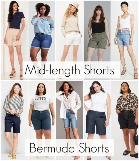 The Best Shorts for Grown-Ass Women: Over 40 Styles For All Sizes, Shapes, and Situations Shorts For Hourglass Shape, Shorts Length Guide, Mid Length Shorts Outfits, Jean Shorts Outfit Ideas, Apple Shape Outfits Plus Size, Plus Size Shorts Outfit, Jean Shorts Outfit, Shorts Outfit Ideas, Wardrobe Oxygen