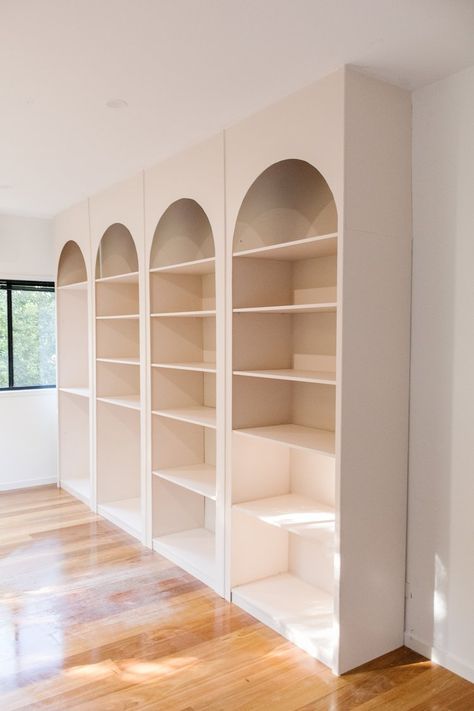 Arched Wall Shelves, White Arched Bookcase, Build In Arch Shelf, Diy Arched Bookshelves, Arch Shelf Diy, Arch Wall Shelves, How To Build An Arched Bookshelf, Arched Shelving Unit, Diy Tall Bookshelf