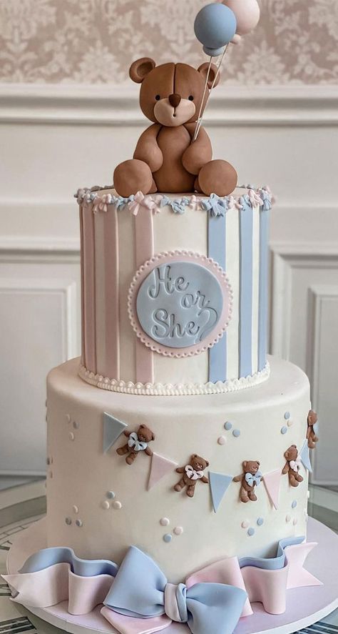 Unisex Birthday Cake, Teddy Bear Gender Reveal Cake, Teddy Bear Theme Cake, Halloween Baby Shower Cake, Gateau Baby Shower Garcon, 70 Cake, Cake Ideas For Birthday, Blue Baby Shower Cake, Teddy Bear Birthday Cake