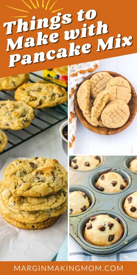 If you have pancake mix in your pantry, put it to work with these delicious recipes using pancake mix! From cookies to muffins and more, we're sharing all of our favorite ways to use up a box of pancake mix. Boxed Pancake Mix Recipe, Hungry Jack Pancake Mix Recipes, Pancake Mix Cookie Recipe, Krusteaz Pancake Mix Recipes, Betty Crocker Muffin Mix, Pancake Mix Cookies, Waffle Mix Recipes, Pancake Mix Uses, Muffin Mix Recipe