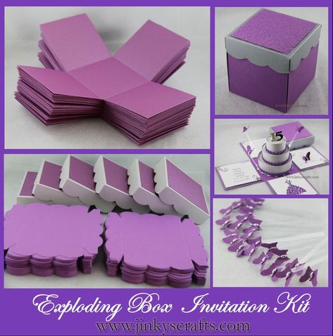 Purple and grey wedding invite idea Exploding Box Card, Box Invitations, Door Gift, Business Invitation, Gift Box Template, Invitations Diy, Exploding Boxes, Invitation Kits, Explosion Box