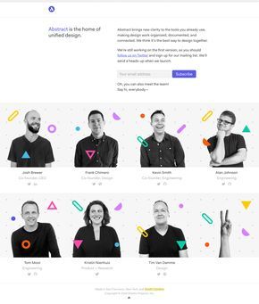 Launching soon page with focus on the all-star team behind an upcoming design organisation tool called 'Abstract'. Landing Page Examples, Team Photography, Team Page, All Star Team, Social Media Design Inspiration, Business Portrait, Launching Soon, Web Layout, Website Inspiration