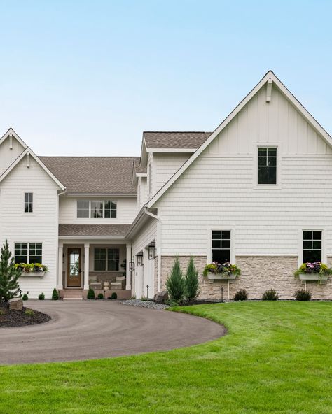 Curb appeal is EVERYTHING, and this house definitely delivers! 😍 The mix of shakes, board and batten, and stone adds great texture while maintaining a simple, neutral palette. Love how it all comes together! 🏡 *To learn more about building your own dream home, comment WORKWITHUS below & we’ll DM you more info* Design/Build: @almahomes #almahomes Project: #CoastalCustomBuild #mnbuilder #mninteriordesign #customhome #exterior #homeexterior #curbappeal Shake Exterior Siding, Alma Homes, White Siding, Info Design, Board And Batten, Exterior Siding, Neutral Palette, Next Home, Colour Scheme