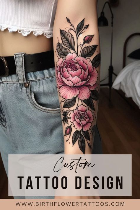 Peony Flower Tattoo – November Birth Flower Design Colored Peony Tattoo, Peony Arm Tattoo, Neo Traditional Flowers, Neotraditional Flower Tattoo, Violet Tattoo Flower, Neotraditional Tattoo Design, Peony Flower Tattoo, Japanese Peony Tattoo, December Flower