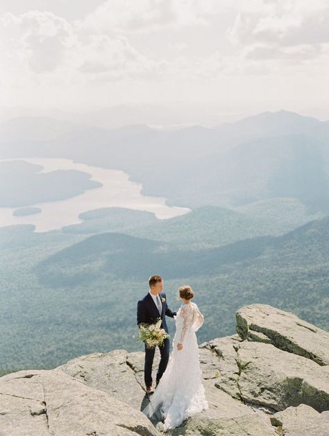 Wedding photo from the summit of Whiteface Mountain outside of Lake Placid | a guide on how to take pictures on Whiteface #lakeplacid #mountainwedding Lake Placid Elopement, Lake Placid Wedding, Lake Placid Lodge, Mountain Destination Wedding, Adirondack Wedding, Lake Placid New York, Whiteface Mountain, Adirondacks Wedding, Catskills Wedding