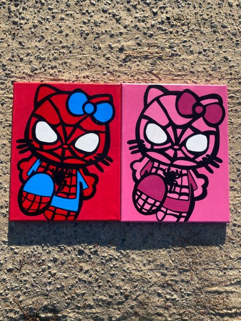 Spider Kitty, Spiderman Canvas, Spiderman Painting, Pink Canvas Art, Images Hello Kitty, Canvas Drawing, Kitty Drawing, Simple Canvas Paintings, Cute Canvas Paintings