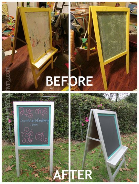 Just A Little Creativity: Kids Chalkboard Easel Makeover {EASY DIY} Kids Art Easel, Diy Easel, Easy Upcycle, Kids Easel, Playhouse Ideas, Kids Chalkboard, Krylon Spray Paint, Chalkboard Easel, Clay Crafts For Kids