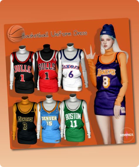 Sims 4 Clothing CC: Basketball Uniform Dress By Rimings Sims 4 Mcdonalds, Sims 4 Basketball Cc, Rimings Sims 4, Rimings Sims 4 Cc, Mcdonalds Uniform, Mod Jacket, Sims 4 Cc Download, Daphne Dress, Sims 4 Children