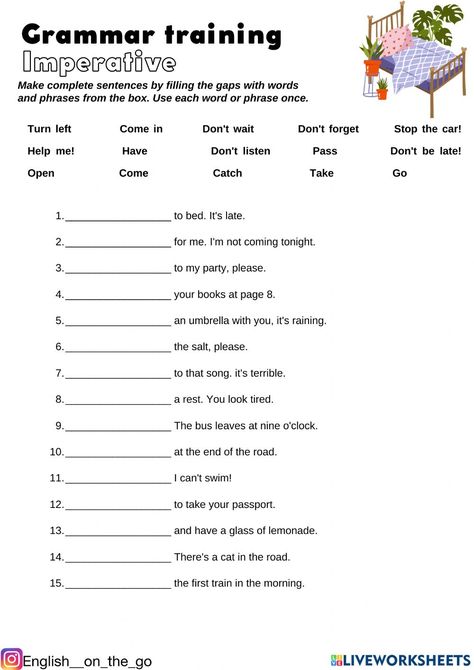 Imperative online pdf exercise for int Imperative Sentences Worksheet, Present Perfect Tense Exercises, Imperative Mood, Simple Present Tense Worksheets, Princess Lessons, Tenses Exercises, English Subject, Imperative Sentences, Free Quizzes