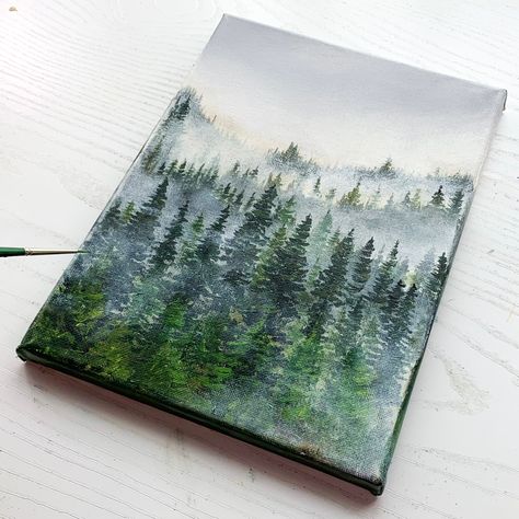 Mountains And Trees Painting Easy, Foggy Acrylic Painting, Acrylic Foggy Forest, Painting Forest Trees, Fog Forest Painting, Foggy Mountain Painting, Green Painting Ideas Art Easy, Easy Forest Painting, Trees Painting Acrylic