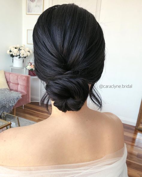 Simple updo on jet black hair. Texture can still be visible with such dark hair. ❤️ Bridesmaid Hairstyle Black Hair, Bridesmaid Hair Updo Black Hair, Bridal Updo Black Hair, Bridal Hair Black Hair, Low Bun Black Hair, Updos Black Hair, Dark Hair Updo, Black Hair Texture, Dark Hair Styles