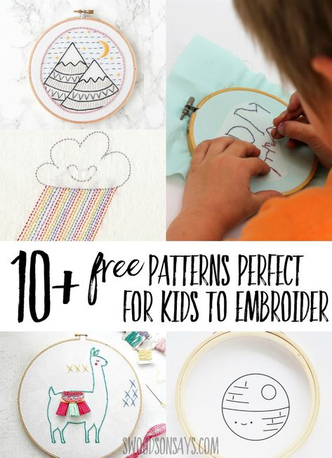 Click through to see this fun list of hand embroidery patterns that are FREE and simple enough for kids to stitch! Teach kids how to embroider with these easy patterns in kid friendly motifs. #embroidery #kidscrafts Traceable Embroidery Patterns, Easy Embroidery Ideas For Beginners, Embroidery Patterns For Kids, Easy Embroidery For Beginners, Motifs Embroidery, Hand Strengthening, Kids Embroidery, Sulaman Pita, Broderie Simple