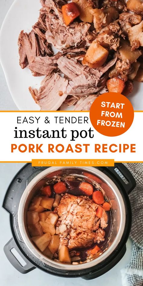 Cooking your roast from frozen = no planning required! This Instant Pot Frozen Pork Roast recipe is easy, tender and delicious. With potatoes, onions and carrots it's a classic one pot meal that's sure to please your family. By pressure cooking pork roast from frozen you cut out the days of thawing and hassle! Instant Pot Pork Roast Recipe, Pork Roast Recipe, Cooking Pork Roast, Pressure Cooker Pork, Frozen Chicken Recipes, Pot Roast Crock Pot Recipes, Cooking Pork, Potatoes Onions, Pork Roast Recipes