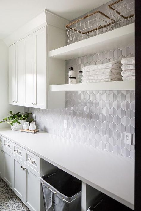 Laundry Room Ideas Farmhouse, Shelves Laundry Room, Geometric Backsplash, Room Ideas Farmhouse, Transitional Laundry Room, Laundry Room Paint Color, Small Laundry Room Ideas, Grey Laundry Rooms, Laundry Room Tile