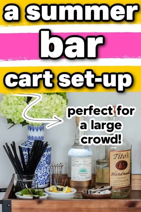 We're setting up a bar cart for summertime entertaining and everyone is invited! �🙂 This set up is summer-inspired with beautiful fresh hydrangeas, fresh cut citrus and light alcohol options. It's an easy but classy way to entertain this summer. Drink Cart Ideas For Party, Patio Bar Cart, Setting Up A Bar, Summer Bar Cart, Fresh Hydrangeas, Drink Cart, Serving Bar, Cocktail Desserts, Bar Set Up