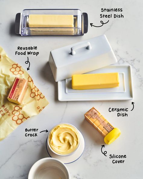 We rounded up five of the most popular butter-storing gadgets and tools and put them to the test: stainless steel dish, reusable food warp, ceramic dish, butter crock, and silicone cover. Here's the best way to store butter. Diy Butter, Butter Storage, Buttery Rolls, Recipe Hacks, Reusable Food Wrap, Butter Crock, Ceramic Butter Dish, Best Butter, Famous Recipe