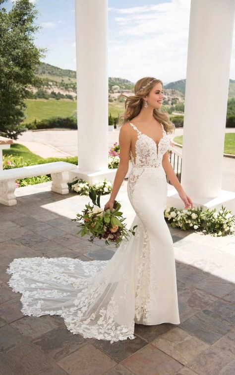 Wedding Dress with Sheer Bodice and Shaped Train - Martina Liana 1059 Latest Bridesmaid Dresses, Martina Liana Wedding Dress, Sheath Wedding Gown, Western Wedding Dresses, Martina Liana, Sophisticated Bride, White Wedding Dress, Wedding Boho, Princess Wedding