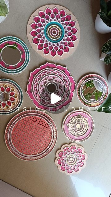 CLASSIC HANDMADES™ • Lippan art | Artworks | Home decor on Instagram: "Set of 8 Lippan Art pieces for wall decor Follow @classic_handmades  Home decor, wall hangings, art piece, lippan art, mirror work, paintings, pichwai paintings  #homedecor #walldecor #wallhangings #lippanart #lippanartwork #lippanartworkshop #pichwaipainting #paintings" Mirror Work On Wall, Modern Lippan Art, Lippan Art Mirror, Modern Hallway Design, Wall Hangings Art, Mud Art, Art Mirror, Lippan Art, Hallway Design