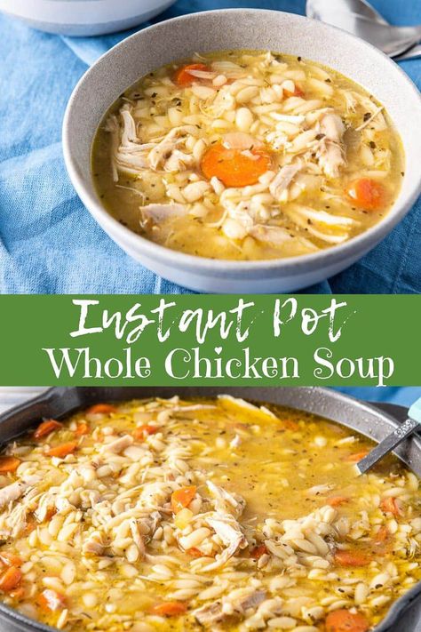 This instant pot whole chicken soup recipe couldn't be easier. Just place the ingredients in your pressure cooker, set the timer and you'll be slurping down this delicious and comforting soup in no time. #chicken #chickensoup #instantpot Instapot Chicken Soup, Whole Chicken Soup, Pressure Cooker Chicken Soup, Instant Pot Whole Chicken, Instant Pot Stew, Soup Dishes, Cooking Whole Chicken, Pot Recipes Healthy, Chicken Soup Recipe