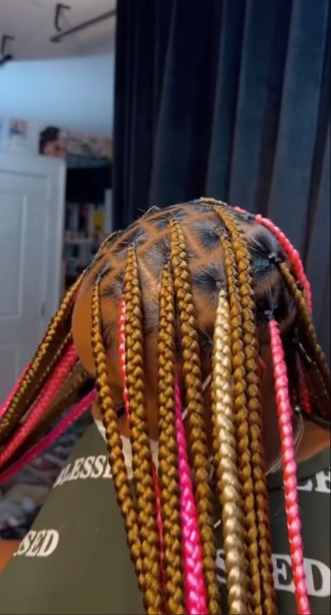 Brown And Pink Hair Knotless Braids, Brown Blonde Pink Box Braids, Brown And Pink Peak A Boo Braids, Knotless Box Braids Pink And Brown, Colored Knot Less Braids, Braids With Pink In The Back, Light Brown And Pink Knotless Braids, Braids Peek A Boo Color, Three Color Braids