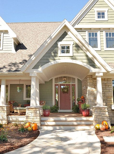 Assess your Fall decor! This is one of my August Monthly Checklist items. See the whole checklist and get your free checklist printable! Enclosed Porch, Villa Plan, Casas Coloniales, Craftsman Style Homes, Traditional Exterior, Front Entrance, Porch Design, Style At Home, Ideas Pictures