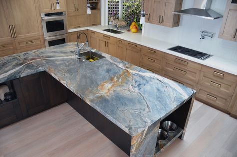 An Island with a recessed dog bowl stone Tempest Blue Quartzite - Modern - Kitchen - by Northbay Stone Works Inc | Houzz Blue Tempest Quartzite Kitchen, Tempest Blue Quartzite, Kitchen Blue Countertops, Ijen Blue Quartzite Kitchen, Blue Quartzite Countertops, Kitchen Countertops With White Cabinets, Blue Quartz Countertops, Black Granite Countertops Kitchen, Countertops With White Cabinets