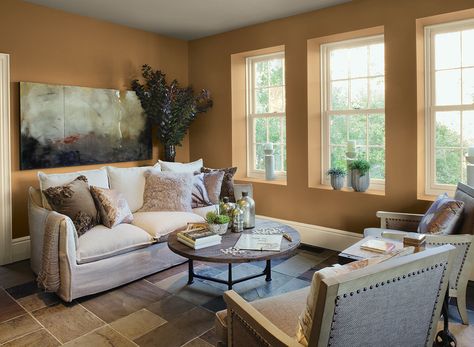 cozy, comfortable living room - etruscan AF-355 (walls), cotswald AF-150 (ceiling), rich cream 2153-60 (trim) Cream And Caramel Living Room, Bedroom Furniture Placement, Room Colours, Living Colors, Orange Rooms, Living Room Images, Living Room Orange, Decor Ikea, Living Room Color Schemes