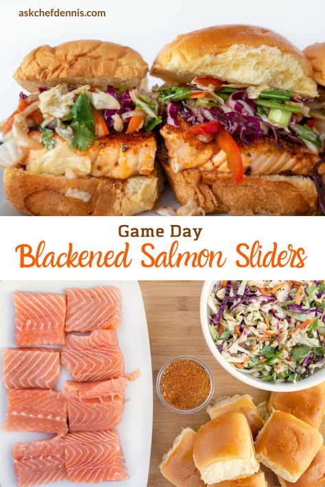 Blackened Salmon Sandwich, Game Day Eats, Salmon Sliders Recipes, Game Day Meals, Salmon Sandwich Recipes, Game Day Food Ideas, Game Day Foods, Salmon Sliders, Salmon Sandwiches