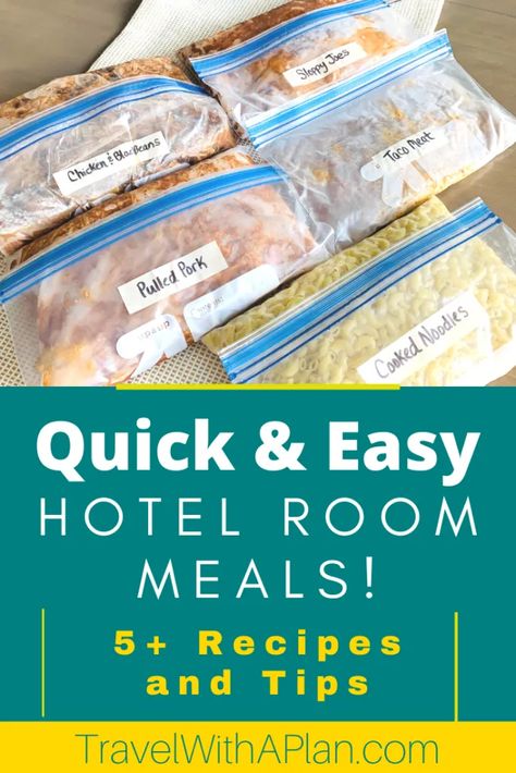 Easy Meals To Make In A Hotel Room, Easy Food For Hotel Stay, Hotel Living Food Ideas, Make Ahead Meals For Hotel Stay, Easy Meals To Pack For Traveling, Traveling Sports Meals, Hotel Microwave Meals, Hotel Room Cooking Hacks, Microwave Dinners Hotel