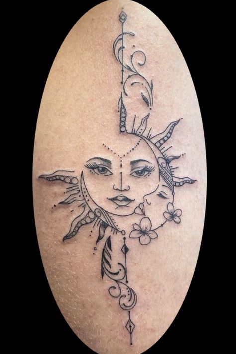 Line work sun and moon with decorative flowers and minimalist design Sun And Moon Side Tattoo, Half Sun And Moon Tattoo, Sun And Moon Shin Tattoo, Sun And Moon Tattoo Together, Half Sleeve Tattoos For Women Sun And Moon, Sun And Moon Leg Tattoo, Moon And Sun Back Tattoo, Sun And Moon Tattoo Back, Sun Moon Spine Tattoo