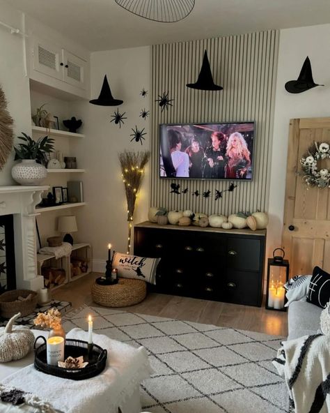 #HalloweenDecor #CozyVibes #SpookySeason #MovieNightDecor #WitchyVibes #PumpkinSeason #LivingRoomStyle #FallDecor #InteriorDesign #HalloweenHome Living Room Movie Night, Room Movie Night, Halloween Interior, Room Movie, Halloween Living Room, Cozy Halloween, Halloween Movie Night, Spooky Movies, Halloween Movie