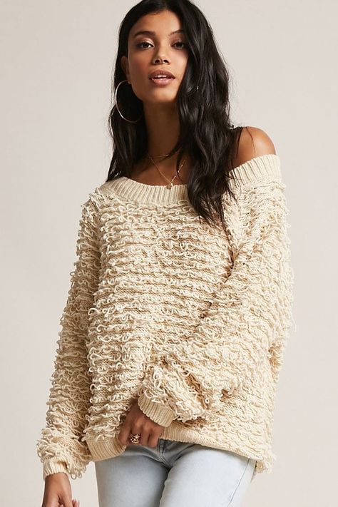 A knit sweater featuring an allover chenille loop design, ribbed trim, a boat neckline, and a keyhole back with a self-tie closure. Afflink. Loop Design, Outfits 2017, Sweater Weather, Womens Clothing Tops, Crochet Top, Dress Shop, Winter Outfits, Knitted Sweaters, Forever 21