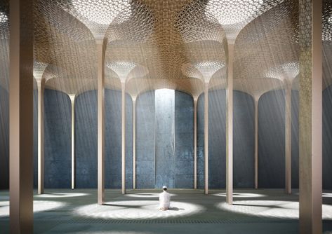 Prayer Hall. Image © AL_A Dezeen Architecture, Modern Mosque, Amanda Levete, Henning Larsen, Mosque Design, Arsitektur Masjid, Vertical Landscape, Verre Design, Mosque Architecture