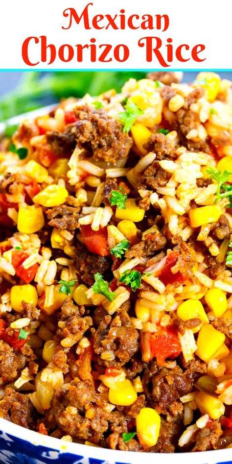 Mexican Chorizo Rice is a fully flavored and spicy rice dish that goes great with tacos, quesadillas, burritos, you name it! Chorizo Rice, Mexican Chorizo, Chorizo Recipes, Spicy Rice, Rice Side Dishes, Rice Dish, Mexican Food Recipes Easy, Idee Pasto Sano, Mexican Food Recipes Authentic