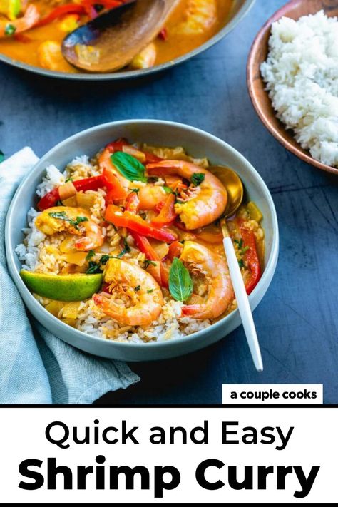 This shrimp curry recipe tastes restaurant-style in under 30 minutes! It's a Thai red curry flavored with coconut milk and curry paste. #curry #shrimpcurry #thaicurry #redcurry #shrimprecipe #healthydinner #healthy #shrimp Shrimp Thai, Coconut Shrimp Curry, Red Curry Shrimp, Coconut Lentil Curry, Shrimp Curry, Curried Butternut Squash Soup, A Couple Cooks, Shrimp Soup, Shrimp Recipes Healthy