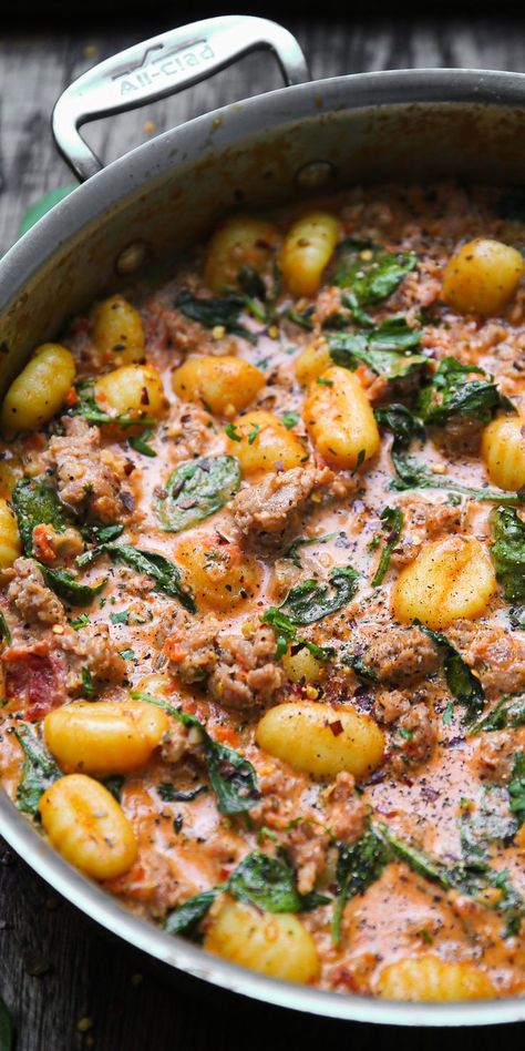 Gnocchi With Tomato Cream Sauce, Gnocchi Tomato Cream Sauce, Jamie Oliver Recipes 30 Minute Meals, Tuscan Sausage Gnocchi, Creamy Sausage Gnocchi, Gnocchi With Spinach, Tuscan Sausage, Sausage Gnocchi, Pasta Sausage