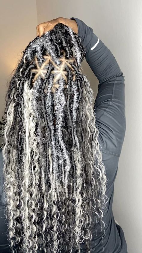 Grey And Black Faux Locs, Black And Grey Locs, Gray Soft Locs, Silver Goddess Braids, Gray Faux Locs Black Women, Grey Soft Locs, Grey Faux Locs Black Women, Grey Faux Locs, Gray Locs