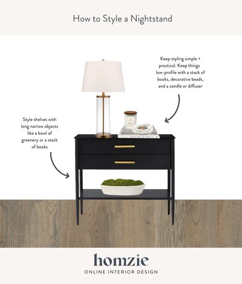 How To Style A Nightstand Modern, 2 Nightstand Decor, Men’s Night Stand, Black Nightstands Bedroom Ideas, Vikhammer Nightstand Styling, White Bed With Black Nightstands, Night Stand Styling Bedside Tables, Black Nightstand Styling, Nightstand Decor Ideas Modern