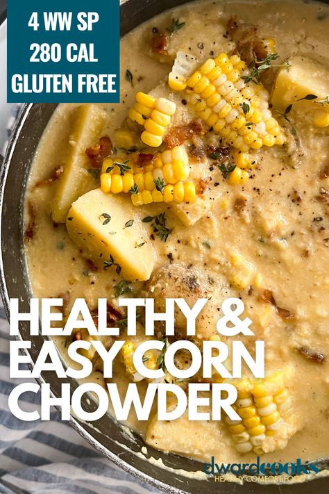 Corn chowder is the ultimate summer food. Sweet, fresh corn is the star in this luscious, creamy chowder that demands that corn isn’t just a side you serve with butter. This corn chowder has a subtle, smoky undertone that pairs perfectly with sweet summer corn to make one of my favorite comfort foods. Not only is this easy corn chowder recipe healthy, but this is a gluten free corn chowder and a Weight Watcher friendly corn chowder. Your whole family will love this. Healthy Corn Chowder, Chowder Recipes Healthy, Easy Corn Chowder Recipe, Corn Chowder Healthy, Ww Soup, Easy Corn Chowder, Summer Corn Chowder, Healthy Corn, Ww Ideas