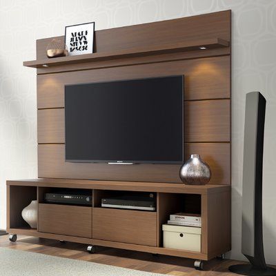 Wade Logan Julius 71" TV Stand Color: Nut Brown Wall Mounted Tv Stand, Mounted Tv Stand, Tv Stand And Panel, Ruang Tv, Tv Stand Designs, Tv Unit Furniture, Tv Cabinet Design, Modern Tv Wall, Tv Panel